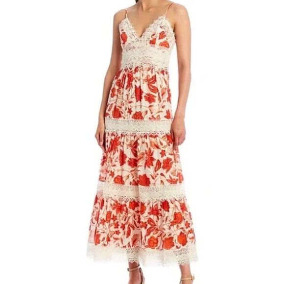 NWT Antonio Melani  Maxi Dress Size 8 .Red & White Floral Lace Maxi - Picture 1 of 16